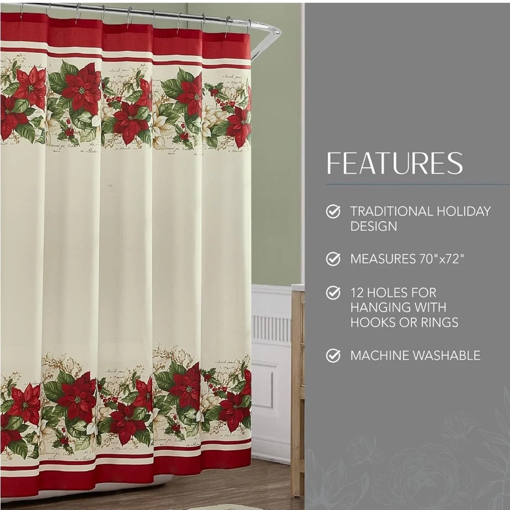 Red and White, 70 Inches x 72 Inches Christmas, Poinsettias, Shower Curtain